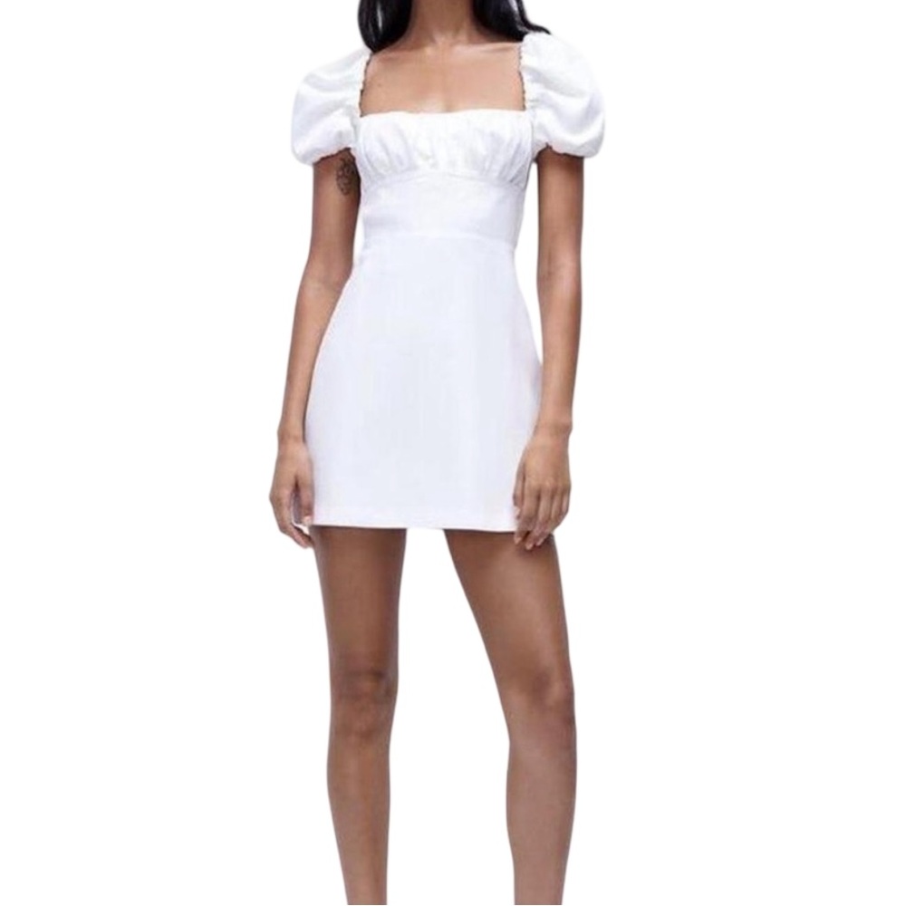 ZARA White Linen Blend Open Tie-Back Puff Sleeve Mini Dress - Size M - Pristine!